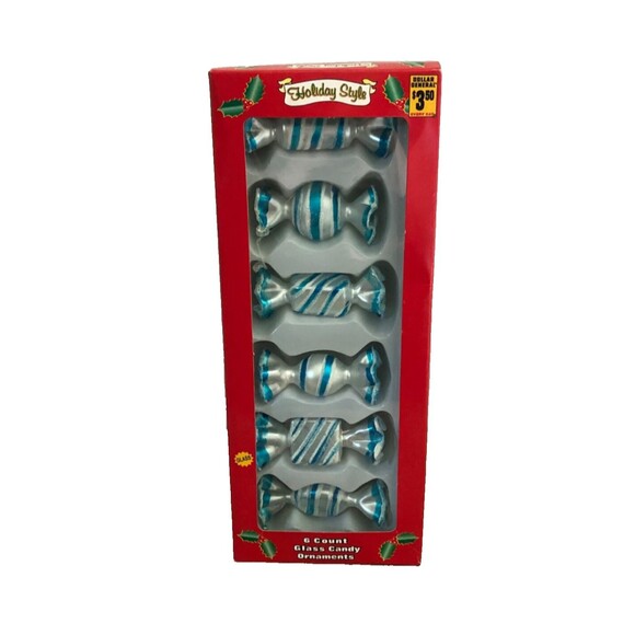Holiday Style 6 Glass Candy Ornaments Shaped Like Candies With Silver And Blue - Picture 1 of 4